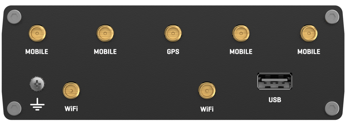 RUTX50 rear panel - four SMA mobile antenna connectors, two RP-SMA Wi-Fi connectors, one SMA GNSS connector and USB Type-A port
